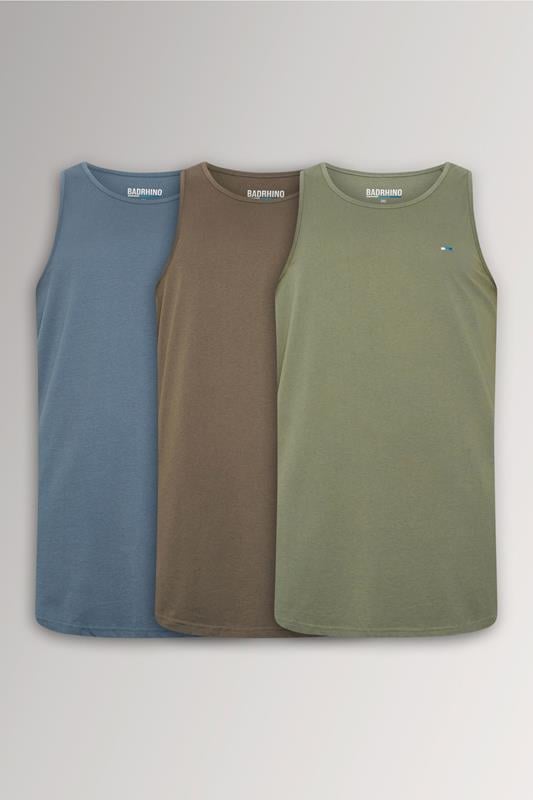 BadRhino Big & Tall 3 Pack Blue/Green/Brown Extra Long Plain Vest Top
