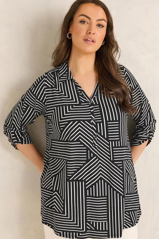  EVANS Curve Black Abstract Stipe Blouse