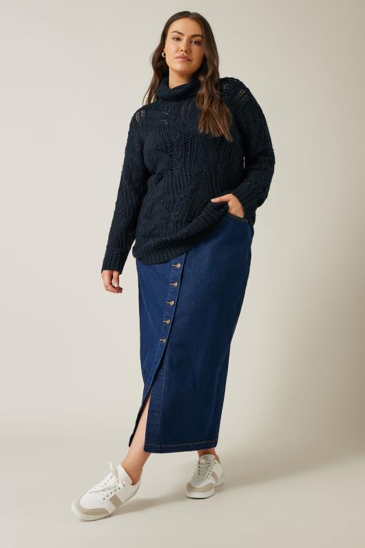 EVANS Plus Size Navy Blue Roll Neck Knitted Jumper | Evans 3