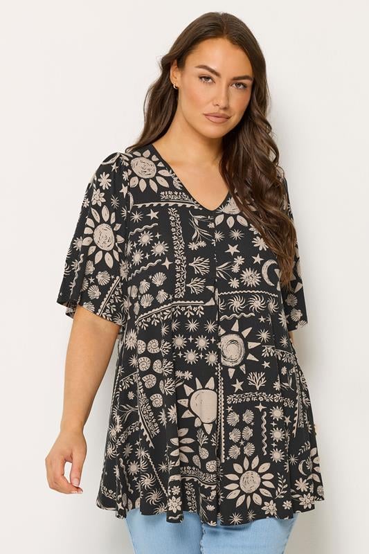  YOURS Curve Black Mixed Summer Print Pleat Front Top