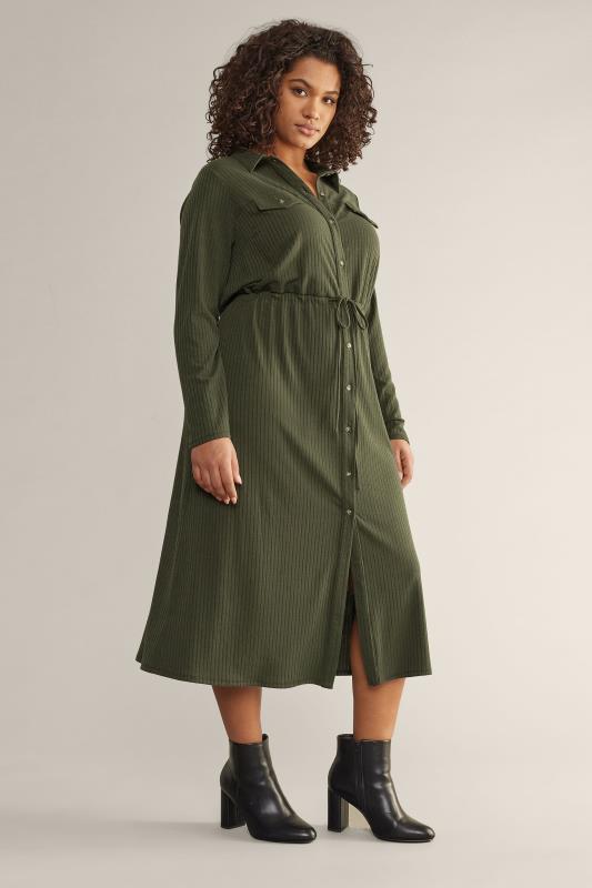 EVANS Plus Size Khaki Green Ribbed Utility Dress | Yours Clothing 2
