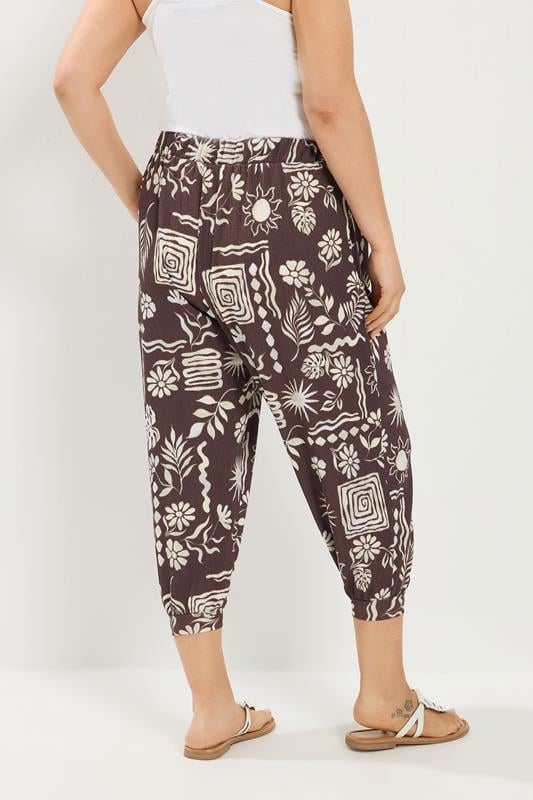 YOURS Plus Size Chocolate Brown Floral Cropped Harem Trousers | Yours Clothing 2