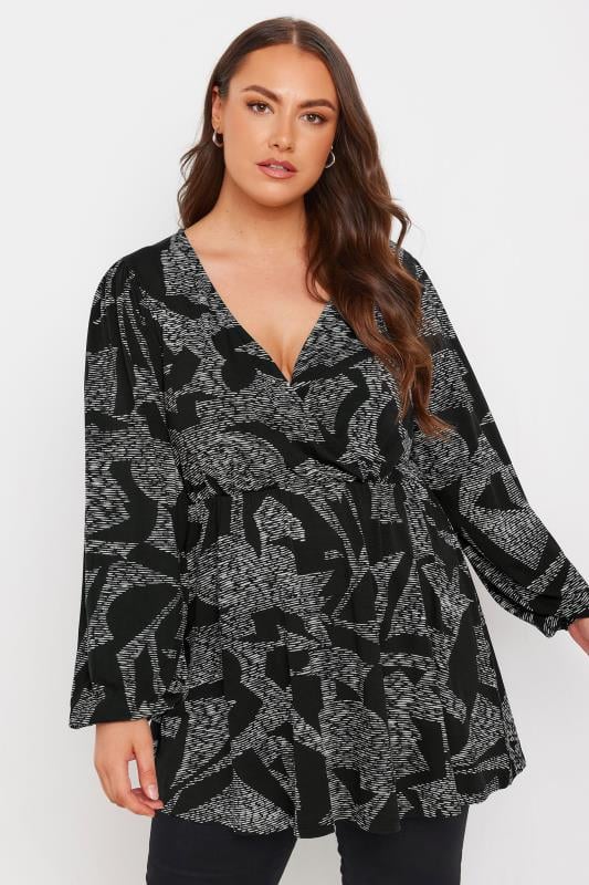 YOURS Plus Size Black Abstract Print Wrap Top | Yours Clothing 1