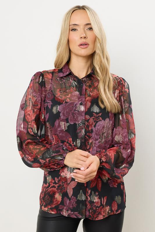 Tall  LTS Tall Black Rose Jacquard Balloon Sleeve Shirt