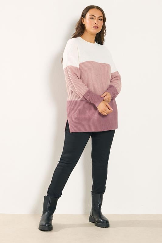 YOURS Plus Size Pink & Cream Colourblock Stripe Jumper | Yours Clothing 1