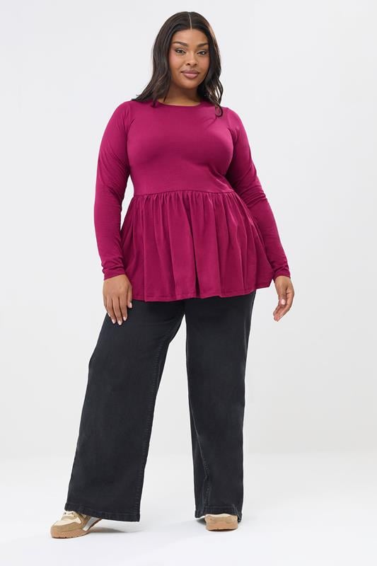 YOURS Plus Size Pink Long Sleeve Peplum Top | Yours Clothing 1