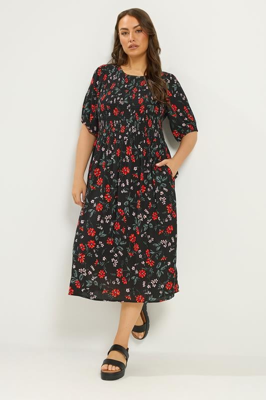  YOURS Curve Black Floral Puff Sleeve Shirred Dress