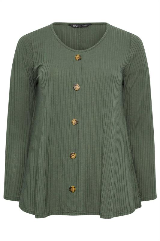 LIMITED COLLECTION Plus Size Khaki Green Ribbed Button Front Top | Yours Clothing 5