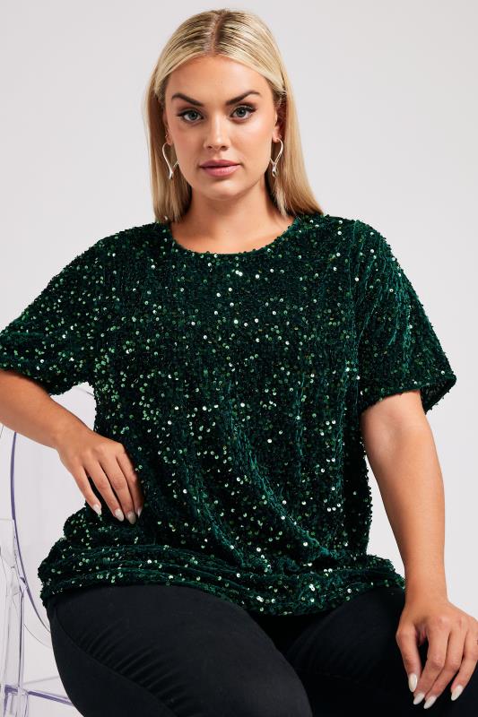 YOURS LONDON Plus Size Emerald Green Velvet Sequin Top | Yours Clothing  2