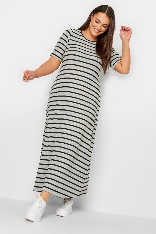 YOURS Curve Plus Size Grey Ribbed Stripe Swing Maxi Dress | Yours Clothing  3