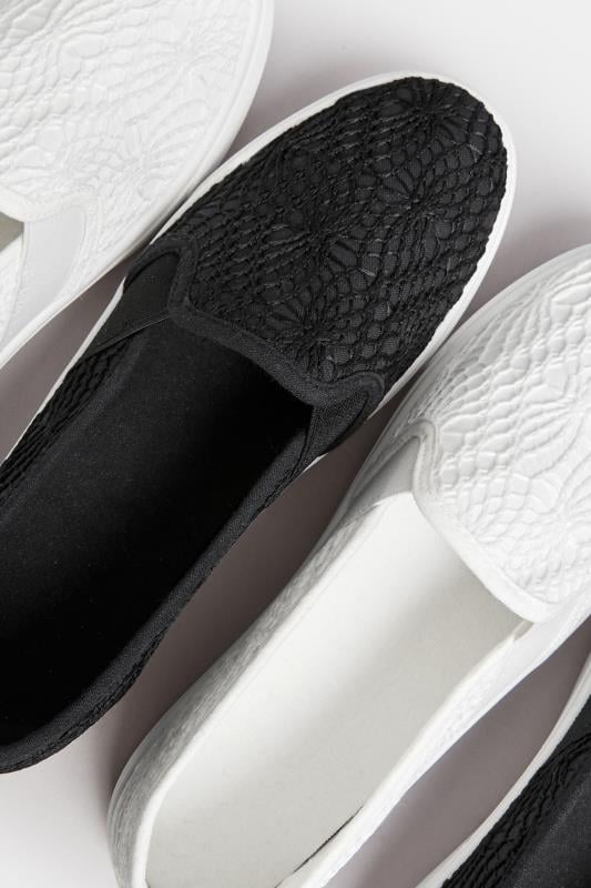 Black Broderie Anglaise Slip-On Trainers In Wide E Fit | Yours Clothing 6