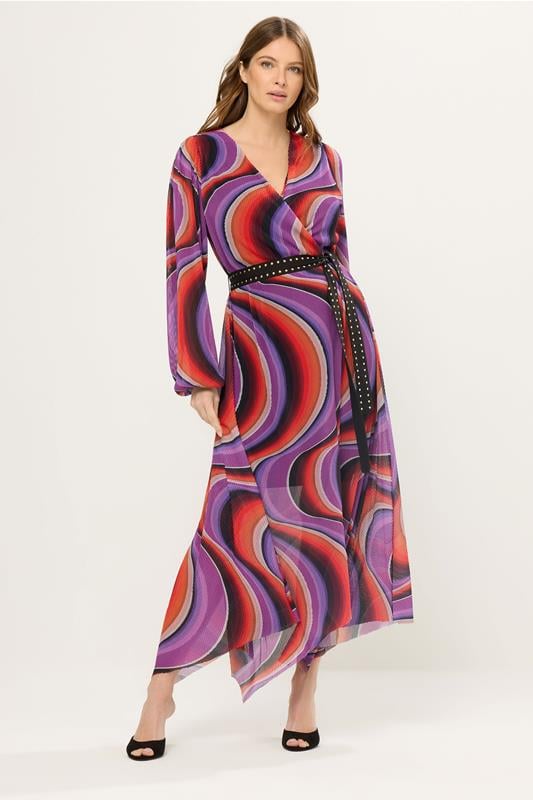  STAR Purple Abstract Mesh Pleated Maxi Dress