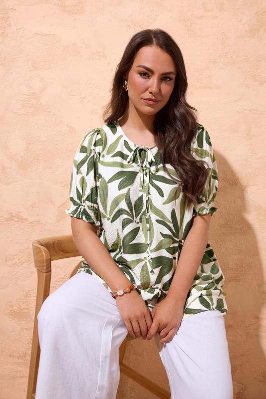 EVANS Curve Green Leaf Print Tie Neck Blouse