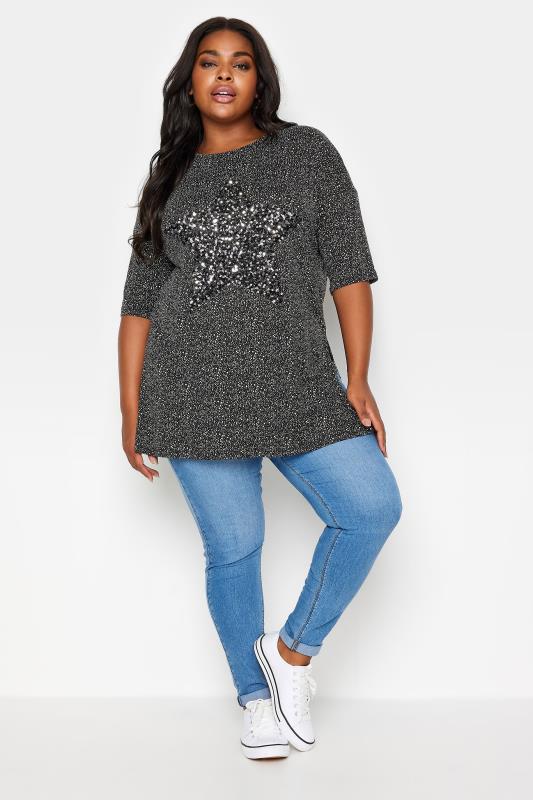 YOURS Plus Size Black Star Sequin Embellished Top | Yours Clothing 2