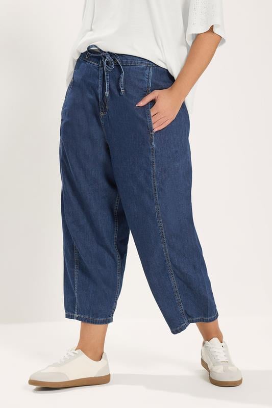 YOURS Plus Size Mid Blue Crop Barrel Jeans | Yours Clothing 1