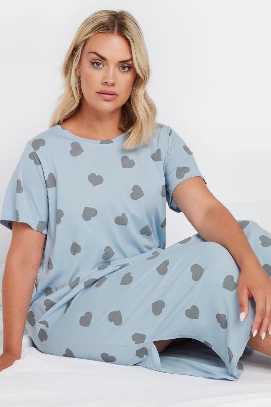 YOURS Plus Size Light Blue Heart Print Midaxi Nightdress | Yours Clothing 2