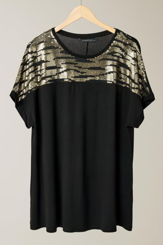 EVANS Plus Size Black & Gold Sequin Embellished T-Shirt | Evans 5