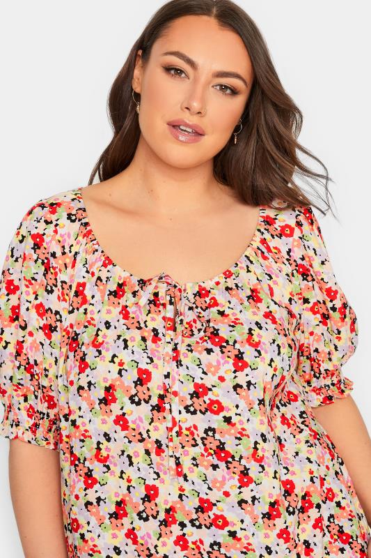 YOURS Curve Plus Size White & Red Floral Tie Neck Top | Yours Clothing  4