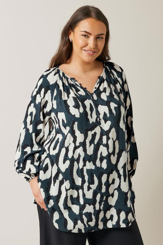 EVANS Plus Size Navy Blue Animal Print Long Sleeve Blouse | Evans 2