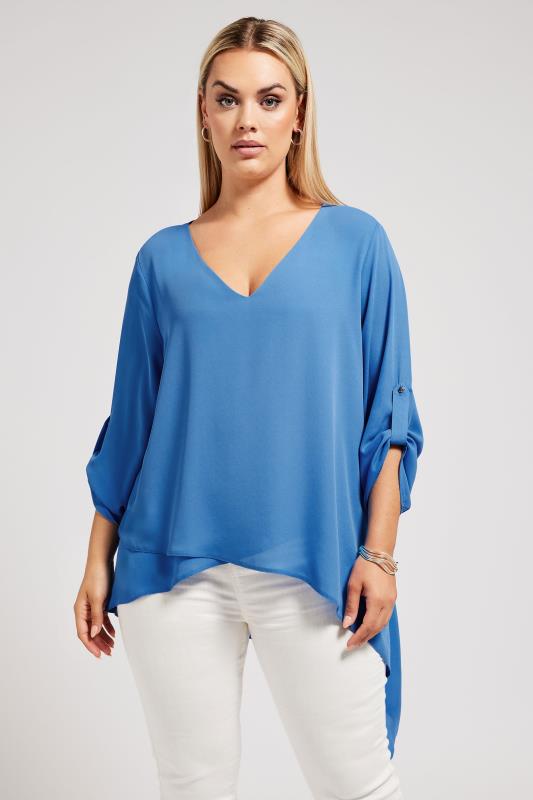 YOURS LONDON Plus Size Blue Asymmetric Hem Blouse | Yours Clothing 1