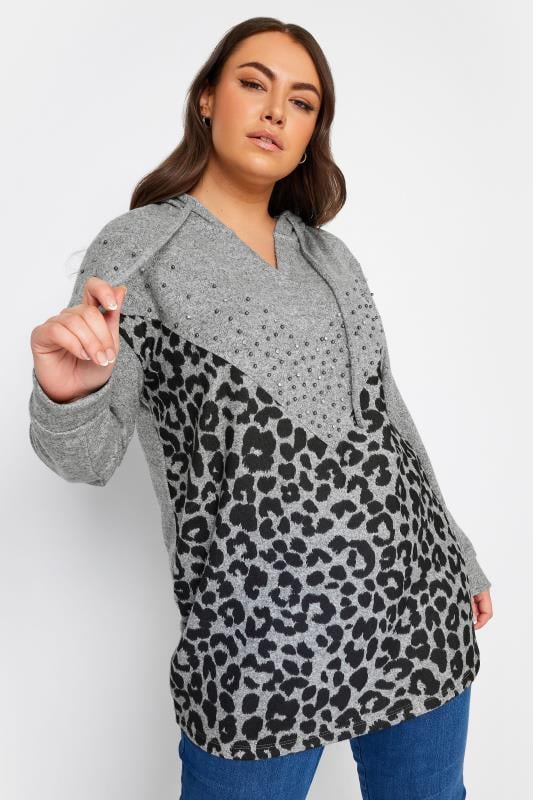 YOURS Plus Size Grey Leopard Print Stud Hoodie | Yours Clothing 1