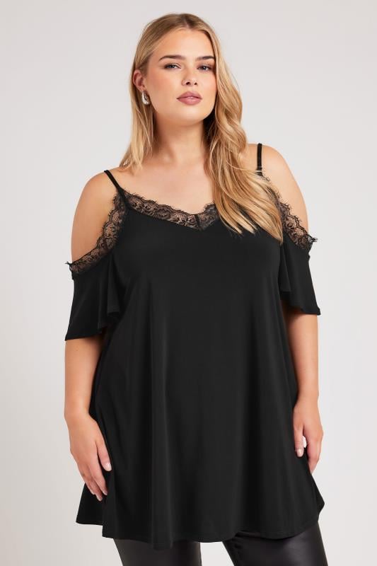 YOURS LONDON Plus Size Black Lace Cold Shoulder Swing Top | Yours Clothing 2