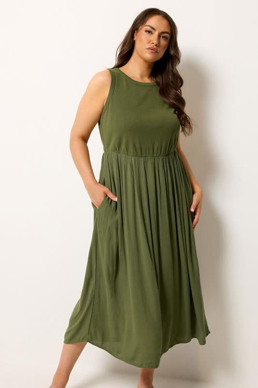  YOURS Curve Khaki Green Textured Contrast Maxi Dress
