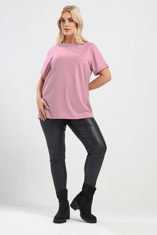 YOURS Plus Size Pink Pearl Trim T-Shirt | Yours Clothing 1