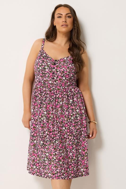 YOURS Plus Size Pink Ditsy Floral Strappy Midi Sundress | Yours Clothing 1
