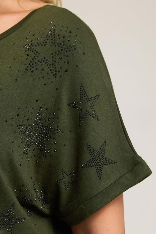 YOURS Plus Size Khaki Green Star Print Grown-On Sleeve T-Shirt | Yours Clothing 4