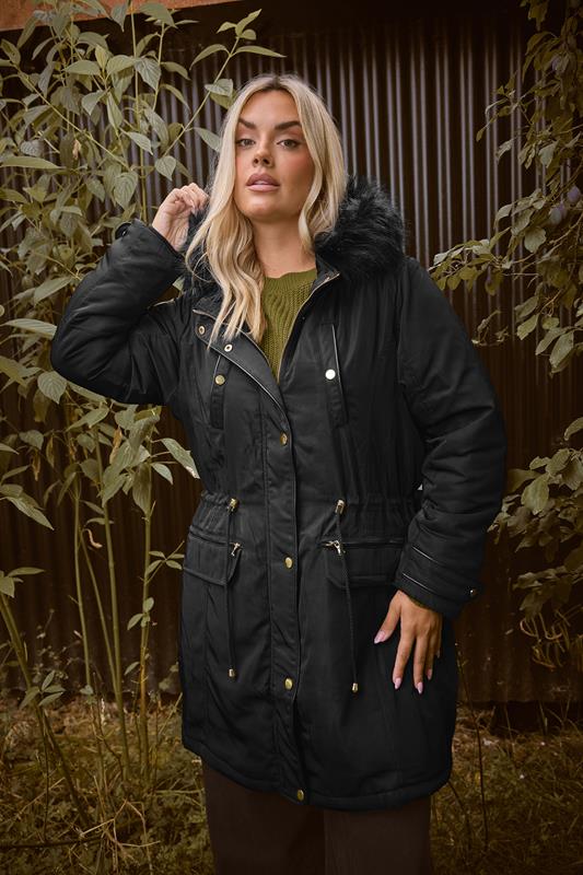 YOURS Plus Size Black Faux Fur Trim Plush Parka Jacket | Yours Clothing 1
