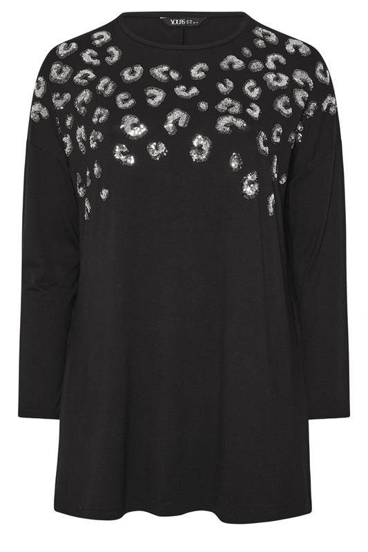 YOURS Plus Size Black Leopard Sequin Long Sleeve Top | Yours Clothing 5