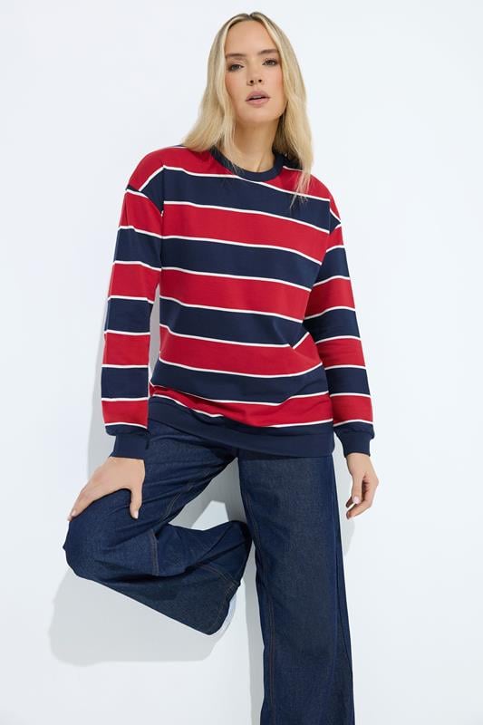 LTS Tall Navy Blue & Red Stripe Crew Neck Sweatshirt