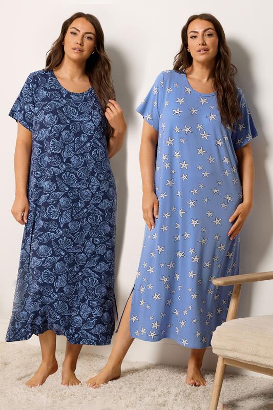  YOURSET Curve 2 PACK Blue Star & Shell Print Midaxi Nightdresses