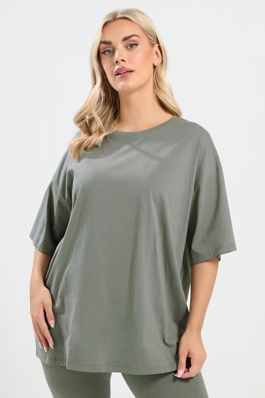 YOURS Plus Size Khaki Green Relaxed Longline T-Shirt | Yours Clothing 1