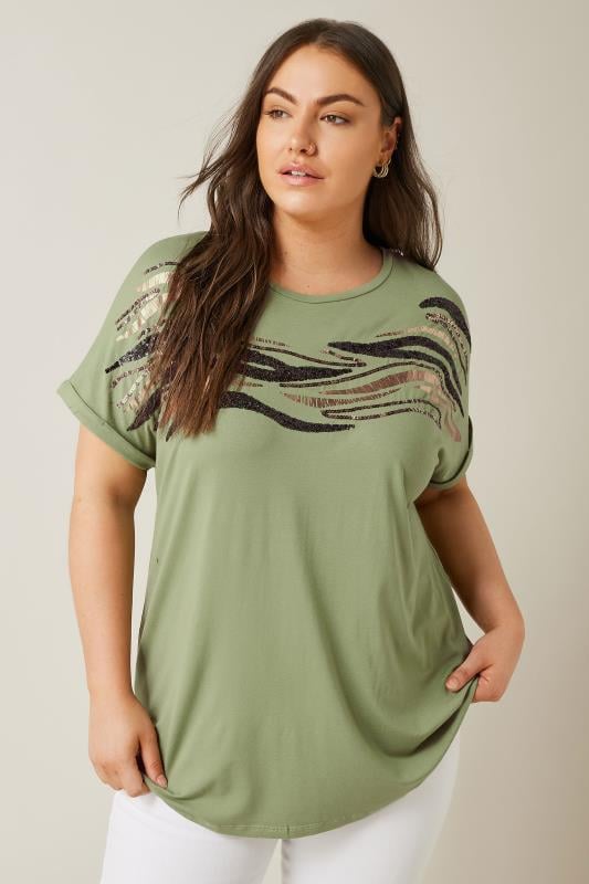 EVANS Plus Size Khaki Green Zebra Print Sequin Embellished T-Shirt | Evans  3