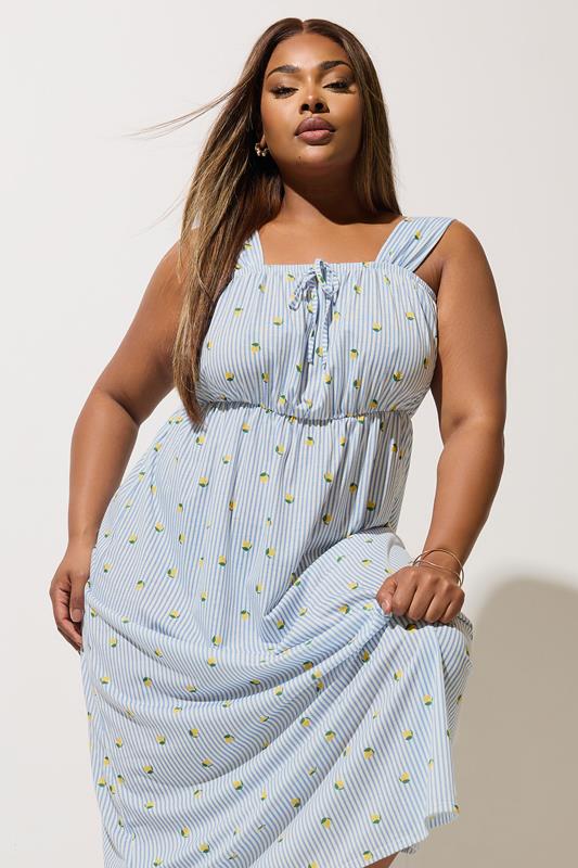LIMITED COLLECTION Plus Size Blue Stripe Lemon Graphic Tie Dress | Yours Clothing 2