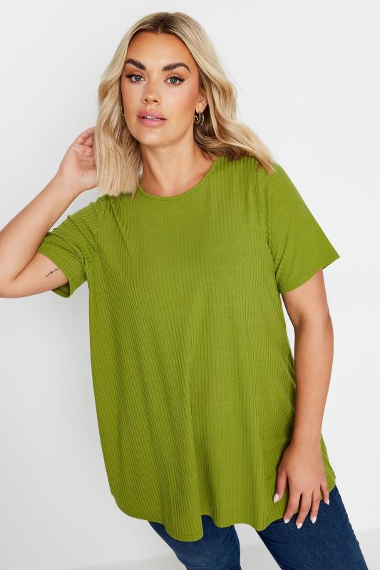 Plus Size  YOURS Curve Green Ribbed Short Sleeve T-Shirt