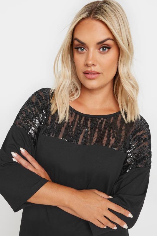 YOURS Plus Size Black Sequin Mesh Top | Yours Clothing 4