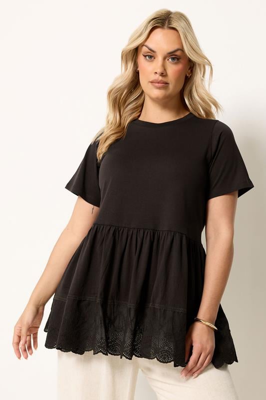 YOURS Plus Size Brown Broderie Anglaise Trim Peplum Top | Yours Clothing 1