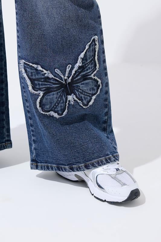 LIMITED COLLECTION Plus Size Indigo Blue Denim Butterfly Embroidered Jeans | Yours Clothing 4