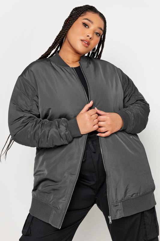 YOURS Plus Size Charcoal Grey Longline Bomber Jacket | Yours Clothing 1