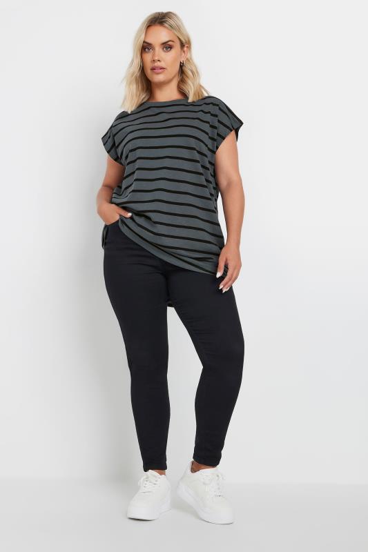 YOURS Plus Size Charcoal Grey Stripe Grown On Sleeve T-Shirt | Yours Clothing  4