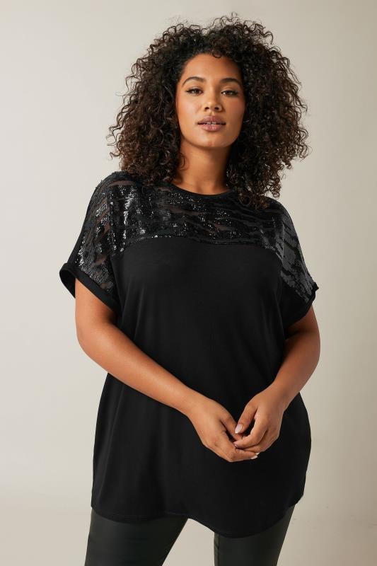 EVANS Plus Size Black Sequin Embellished T-Shirt | Evans 2