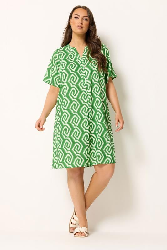 YOURS Plus Size Green Ikat Geometric Pleat Front Dress | Yours Clothing 1