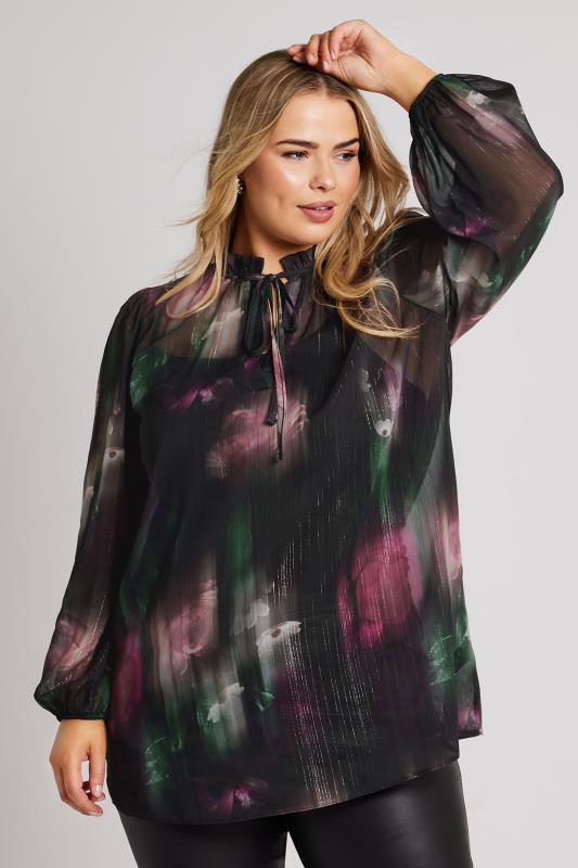 YOURS LONDON Plus Size Black Blur Floral Print Mesh Blouse | Yours Clothing 1