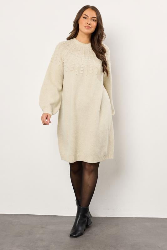 Plus Size  EVANS Curve Natural Brown Pearl Embellished Cable Knit Dress