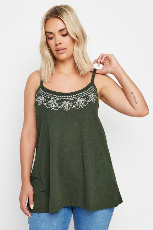 YOURS Plus Size Green Embroidered Swing Cami Top | Yours Clothing 1