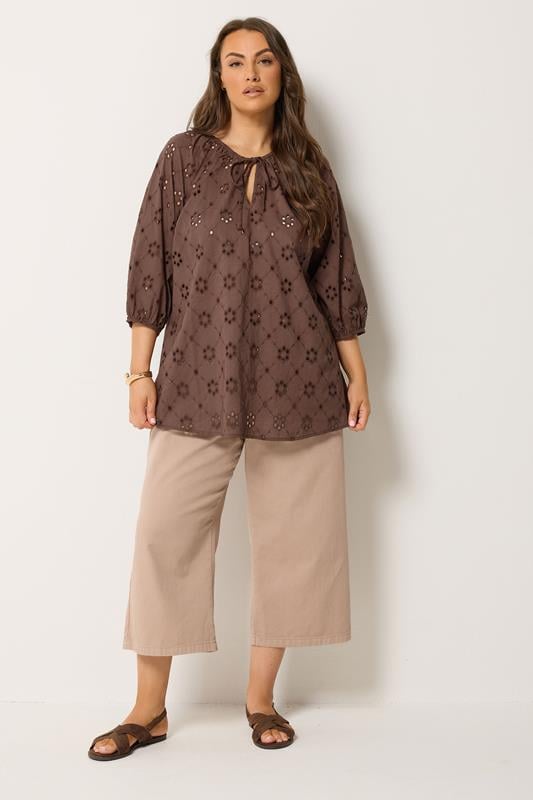 YOURS Curve Chocolate Brown Floral Broderie Anglaise Top | Yours Clothing 1