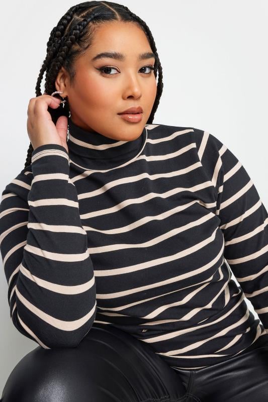 YOURS 2 PACK Curve Black & Natural Stripe Turtle Neck Tops | Yours Clothing 6